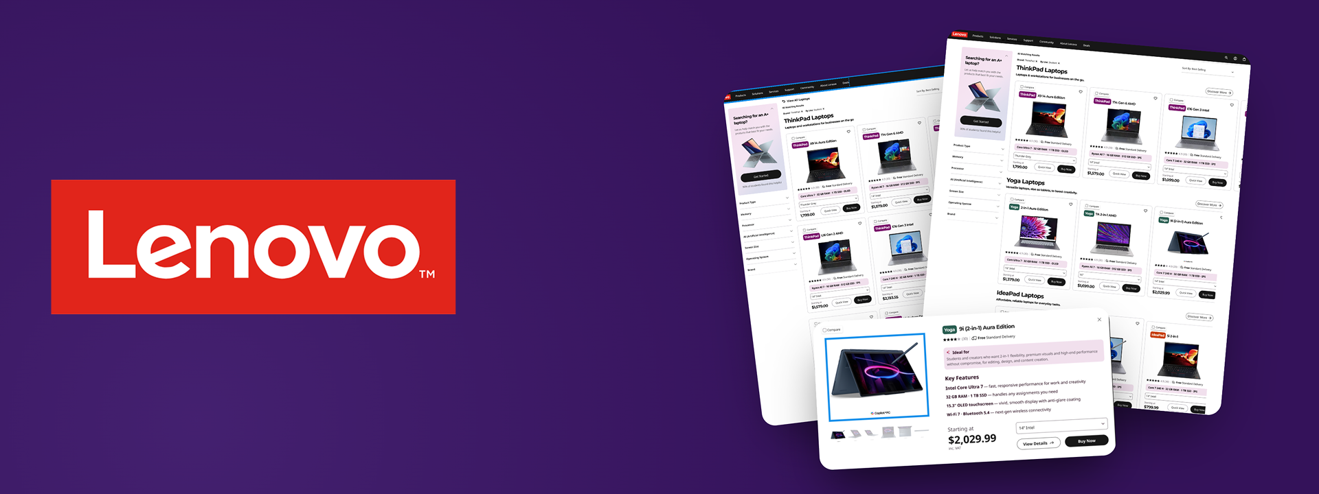 Lenovo e-commerce redesign: product listing pages and a product card, shown over the Lenovo brand mark