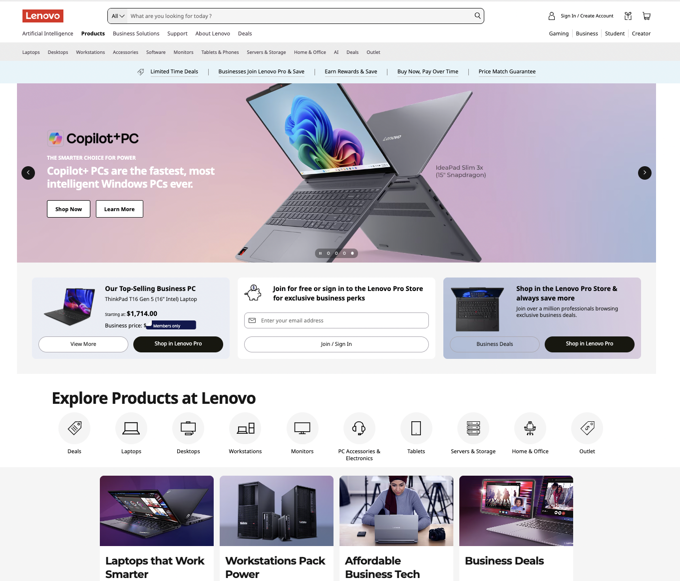 Screenshot of the lenovo.com homepage, dense with promotions and business-oriented navigation