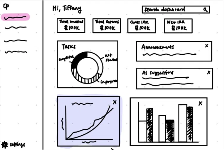 Option A: dashboard wireframe leading with a tasks tracker and announcements, chosen direction